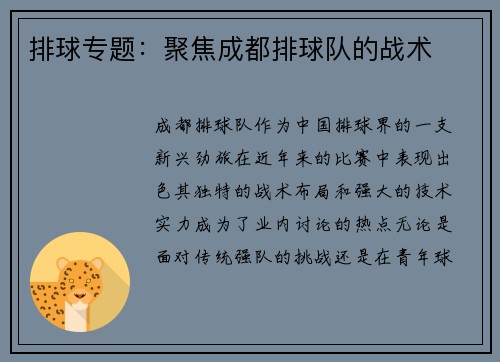 排球专题：聚焦成都排球队的战术